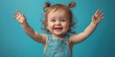 Joyful toddler with curly hair celebrates in front of a bright blue background photo