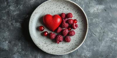 Heart-shaped decoration surrounded by fresh raspberries and berries on a textured plate in a modern kitchen setting photo