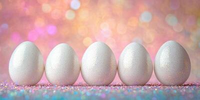 Sparkling white eggs arranged in a line on a vibrant, colorful background during a festive celebration photo
