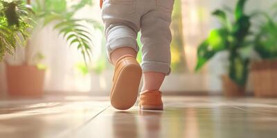 Toddler walks toward bright sunlight in a room filled with plants during a warm afternoon photo