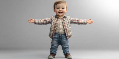 Happy child stands with arms wide open in a playful pose during a bright indoor setting photo