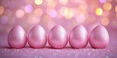Sparkling pink easter eggs lined up against a dreamy pastel background during a festive celebration photo