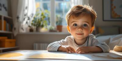 Young child explores creativity while playing with colorful materials in a sunlit room during the afternoon photo