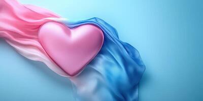 Heart-shaped cushion surrounded by flowing fabric in pink and blue tones on a light background photo