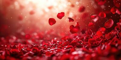 Romantic red rose petals scattered across a soft background creating a dreamy atmosphere photo