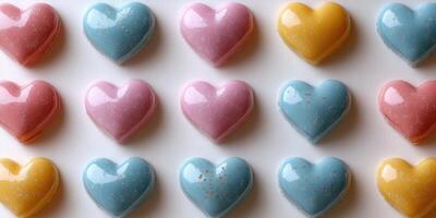 Colorful heart-shaped candies arranged in a pattern on a light background photo