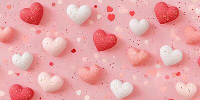 Colorful heart-shaped decorations scattered on a pink background with confetti for celebrations and events photo