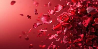 Beautiful red rose surrounded by flowing petals against a vibrant background photo