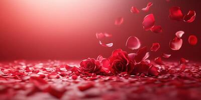 Vibrant red roses surrounded by scattered petals create a romantic atmosphere for a love celebration photo