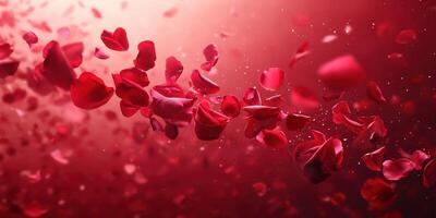 Floating rose petals create a romantic atmosphere in a soft, illuminated setting for a special occasion photo
