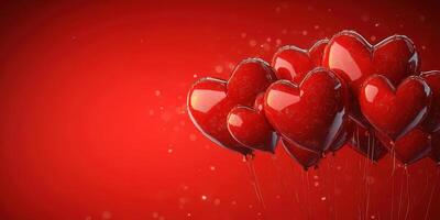 Heart-shaped balloons floating against a vibrant red background for romantic celebrations and special occasions photo
