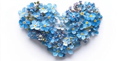 Beautiful blue flowers arranged in a heart shape on a white background, perfect for expressing love and affection photo