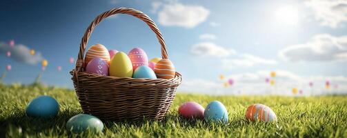 Colorful Easter eggs in basket on green grass under sunny sky photo