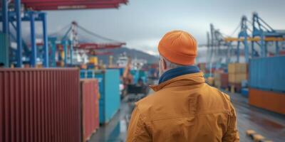 logistics coordinator in orange hat oversees stock at busy port. scene captures essence of maritime operations and supply chain management photo