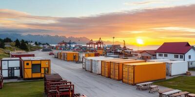 Colorful shipping containers at port during sunset with mountains photo