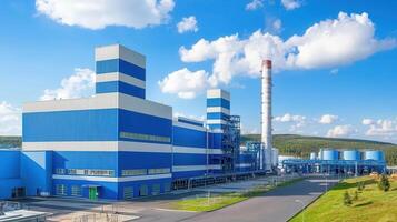 Modern factory with zero emission technology and blue exterior. facility showcases advanced industrial design and sustainable practices photo