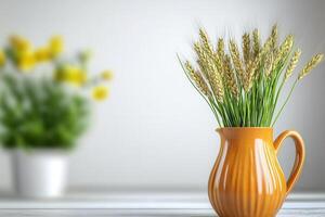 Rustic ceramic pitcher with dried wheat stems, adding warmth to decor photo