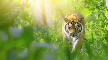 Majestic tiger walking through dense rainforest, showcasing its strength and beauty in vibrant, lush environment photo