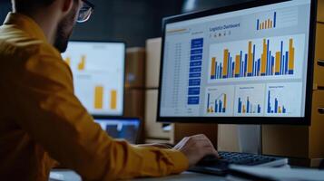 Business analyst using AI driven analytics dashboard for inventory forecasting, showcasing natural colors and Supply chain management concept photo
