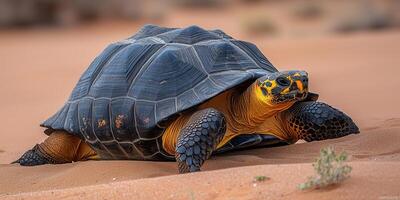 desert tortoise moving across arid sand dunes, showcasing its unique shell and vibrant colors photo
