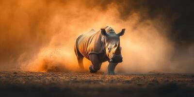 rhinoceros running through dusty savanna, creating dramatic scene photo