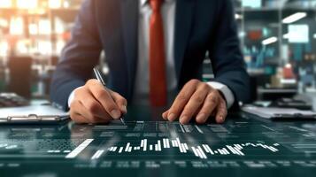 Businessman signing digital contract on modern desk with graphs. Supply chain management concept photo