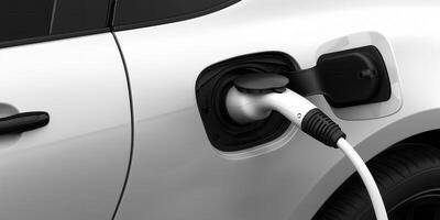 close up of electric vehicle charging at station, showcasing charging port and cable. This highlights transition to sustainable energy photo