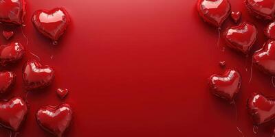Heart-shaped red balloons decorate a vibrant background for celebrations and romantic occasions photo