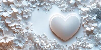 Delicate white flowers framing a heart shape with subtle textures for a serene and romantic atmosphere photo