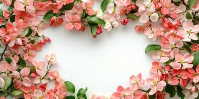 Pink apple blossoms create a heart-shaped frame on a light background for spring celebrations or decorative purposes photo