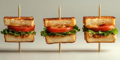 Deliciously stacked sandwiches with fresh ingredients displayed on skewers in a minimalist setting photo