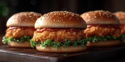 Delicious chicken sandwiches with crispy coating and fresh lettuce served on sesame seed buns during a casual meal photo