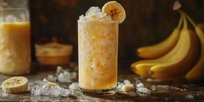 Banana smoothie topped with fresh slices and ice in a rustic kitchen setting captures a refreshing summer vibe photo