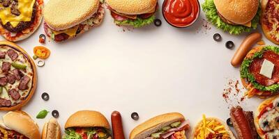 Grilled meats and toppings create a delicious spread of burgers, hot dogs, and pizza on a festive table setting photo