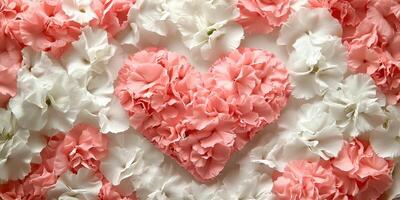 Heart-shaped arrangement of pink and white flowers on a light background perfect for romantic occasions photo