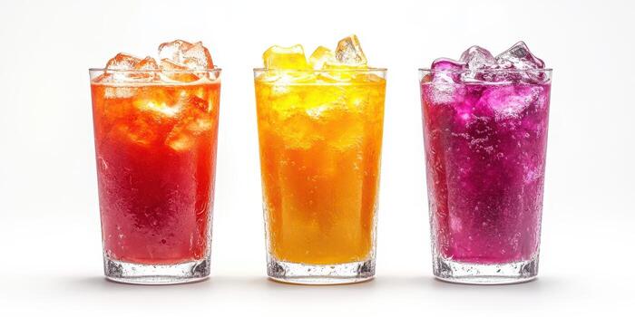 Refreshing colorful drinks served in glasses with ice on a bright background during a summer gathering photo