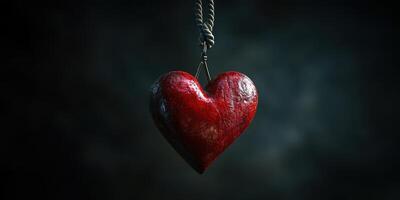 Red heart pendant hanging from rope against dark background in a symbolic representation of love and emotions photo
