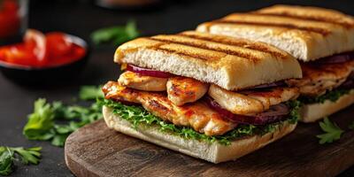 Delicious grilled chicken sandwich with fresh vegetables on wooden board at a rustic kitchen setting photo