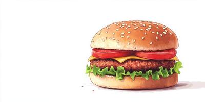 Juicy hamburger with fresh tomatoes, lettuce, and melted cheese placed on a sesame seed bun photo