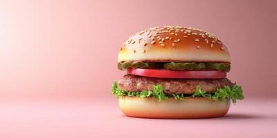 Juicy hamburger with lettuce, tomato, pickles, and sesame seed bun on a pink background at a fast food setting photo