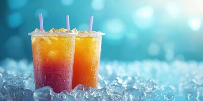 Refreshing tropical drinks served over crushed ice on a sunny day at a beach photo