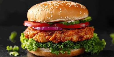 Delicious chicken sandwich with fresh vegetables served in a sesame seed bun ready for enjoyment photo