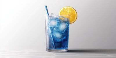 Refreshing blue citrus drink garnished with lemon slices and ice in a clear glass on a light background photo