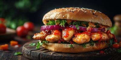 Delicious spicy chicken burger with fresh toppings served on wooden table photo