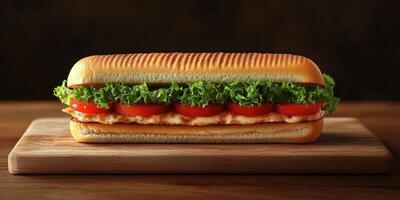 Freshly prepared sandwich with layers of lettuce, tomato, and grilled chicken on wooden surface in a cozy setting photo