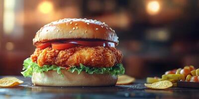 Crispy chicken burger with fresh lettuce and tomatoes served with side of potato chips in a cozy restaurant setting photo