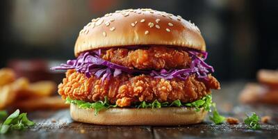 Crispy fried chicken sandwich with fresh vegetables on a wooden table in a casual restaurant setting photo