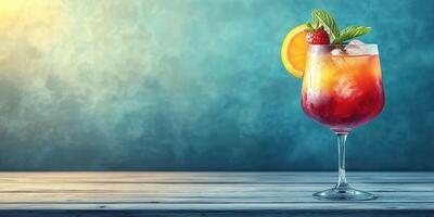 Refreshing summer cocktail with fruits displayed on a rustic wooden table photo