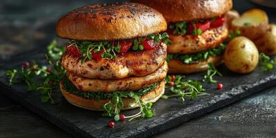 Delicious grilled chicken burgers served with fresh greens and roasted potatoes on a rustic slate platter photo
