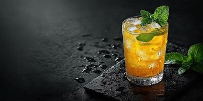 Refreshing summer cocktail on a dark slate background with mint leaves and ice photo